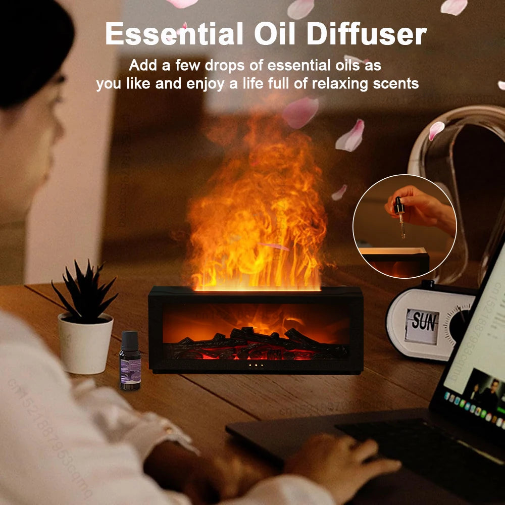 The Hiro's Hearth diffuser drifting scented mist beside a laptop on a warm desk