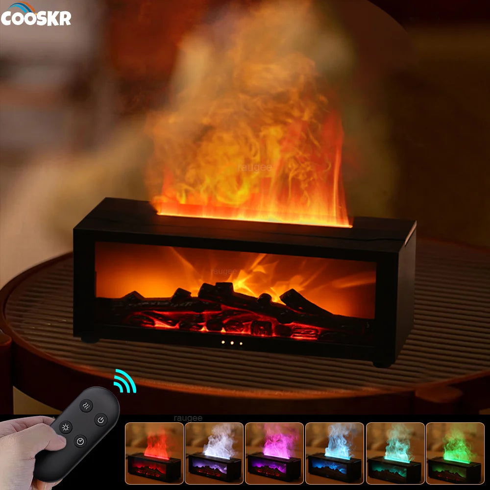 The Hiro's Hearth flame diffuser burning a flame of cool mist on a wooden table