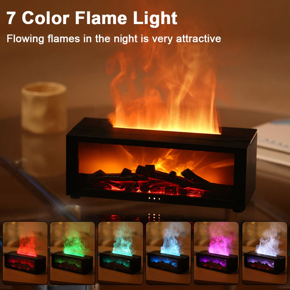 The Hiro's Hearth flame diffuser showing its seven flame colors on a glass table at night