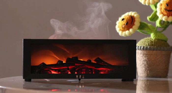 The Hiro's Hearth burning amber on a wood table, cool mist rising like fire over its lit log bed